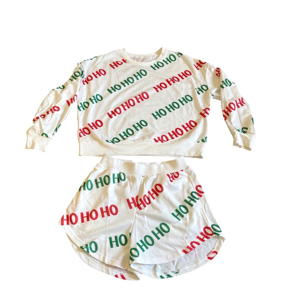 Womens HO HO HO Christmas Pajama Set Sweatshirt Shorts Holiday Loungewear Size S